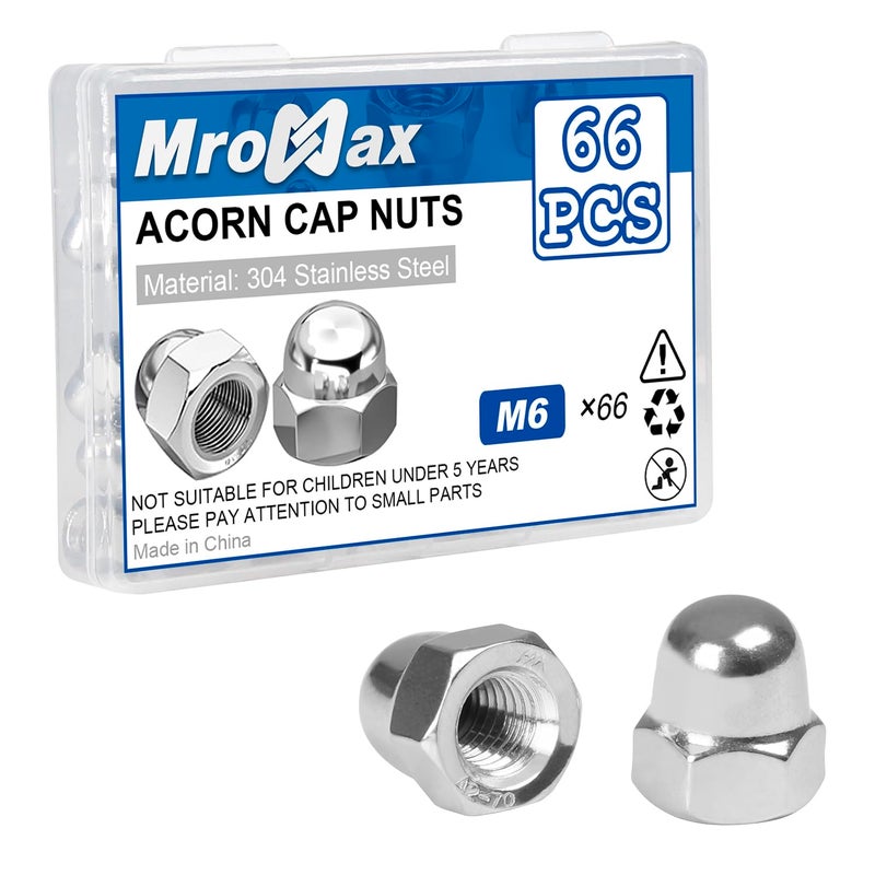 MroMax M6 Acorn Cap Nuts, 66Pcs M6-1.0, 304 Stainless Steel(18-8) Crown Cap Nut for Bolt, Dome Head Hex Kit for Indoor Outdoor, Bright Finish - Image 1